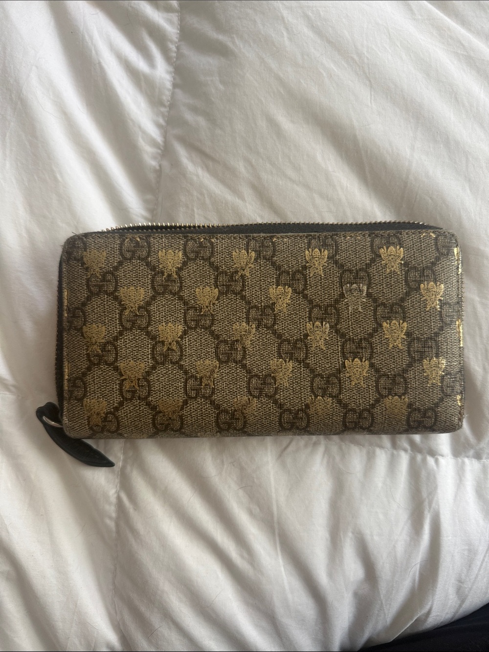 Gucci Monogram Zip Around Wallet in Brown and Gold